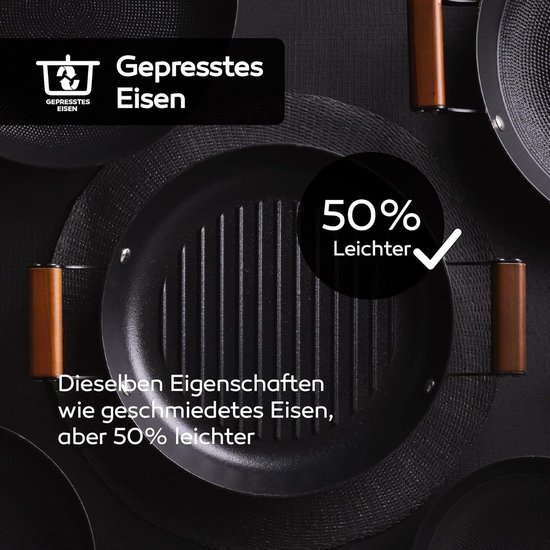 MasterPro Odin Grill, rond, 28 cm, anti-aanbaklaag, ergonomische handgrepen van acaciahout, ideaal voor grillen, inductie- en ovenbestendig, zonder giftige stoffen