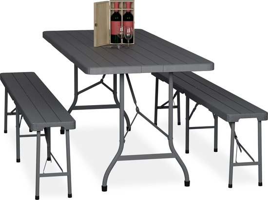 Relaxdays biertafel set, inklapbaar, 3-delig, twee bierbanken met klaptafel, rotanlook, campingtafel, tuintafel, bruin