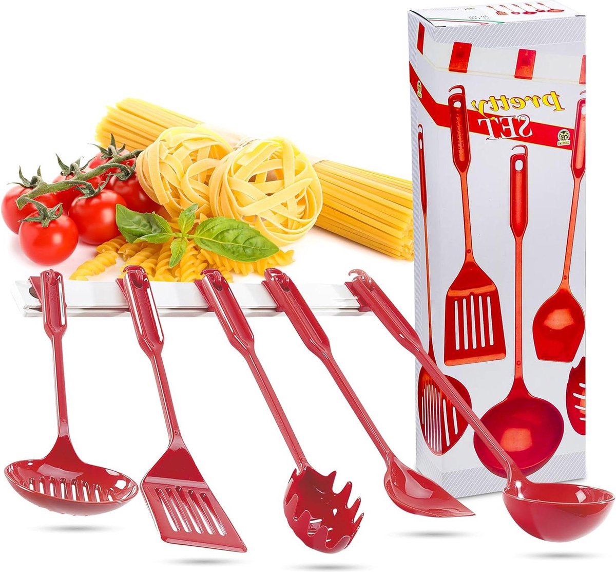 Keukengadgetset met ophangstang 40 cm - spatel - schuimspaan - opscheplepel - gleuvendraaier - pastaschep