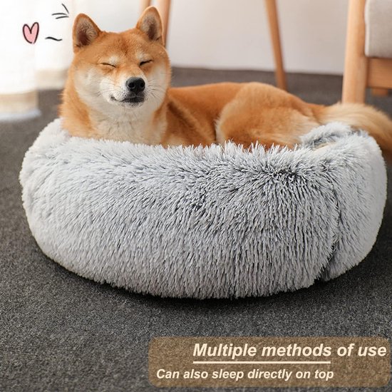 Calming Donut Dog Bed - Cuddly Nest for Small Medium Dogs - Warm Soft Plush Dog Cushion with Cozy Sponge - Non-Slip Bottom - Snooze Sleeping Indoor - 65cm Grey
