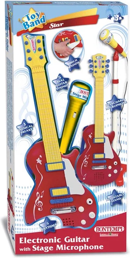 BONTEMPI Guitare Rock Avec Micro Pied Réglable – 6 Cordes Métal, 5 Démos, 5 Rythmes – Idéale Débutants – Dès 3 Ans