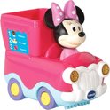 Roze VTech ijswagen met Minnie Mouse, met 'IJscowagen' opschrift en ijs afbeeldingen.