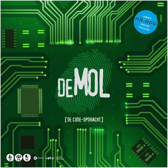 Het bordspel "De Mol: De Code Opdracht" toont een groen circuitbord-design met een vingerafdruk en de titel in witte letters.