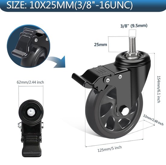 Meubelwielen met rem, 100 mm, 4 stuks zwenkwielen voor meubels tot 600