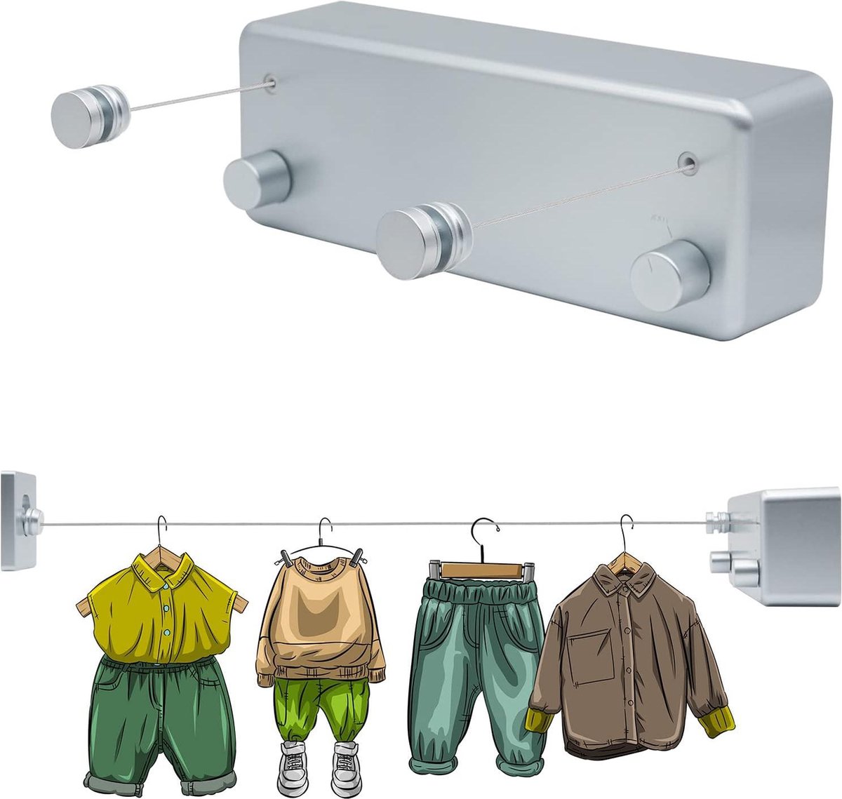 Goedkoopste Uittrekbare waslijn 42 m - tweedelige wanddroger - zware belasting - voor bijkeuken, balkon, badkamer, tuin - zilver