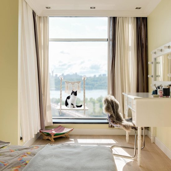 GUUSII HOME Hangmat voor kattenraam Snoerloze zitstokken Vensterbank Zitbed Opvouwbaar Stabiel ligbed Verbeterde zuignap Eenvoudige montage Binnenkatten Kitty Plank Houdt tot 25 kg (beige, M