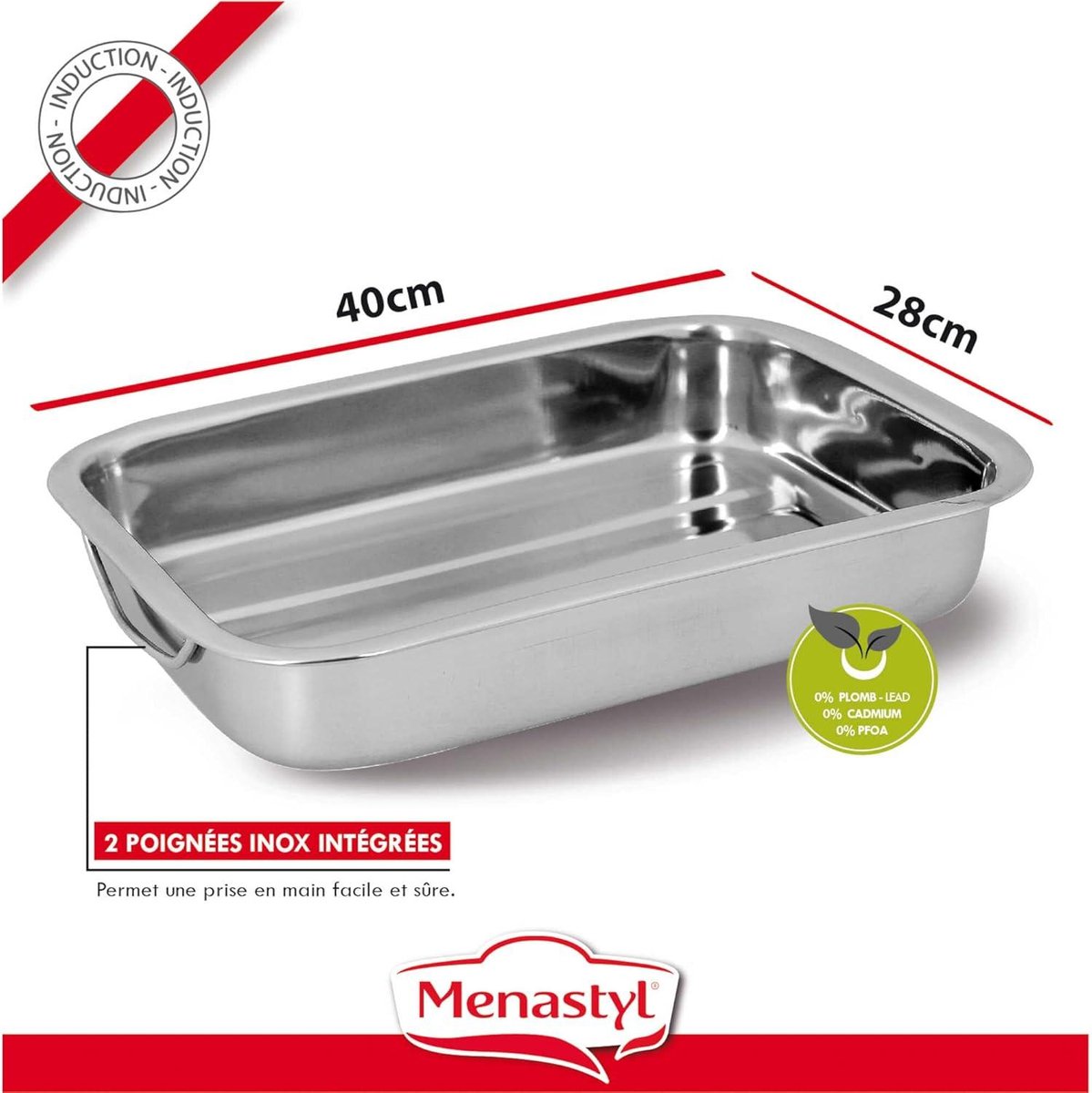 Rechthoekige ovenschaal met handgrepen - roestvrij staal - 40 x 28 x 65 cm