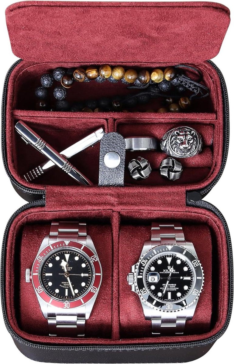 Travel Case Opbergdoos voor 2 Horloges - Stevige Draagbare Bescherming Met Rits - Past Alle Horloges  Smart Horloges Tot 50 mm - Zwart-Rood