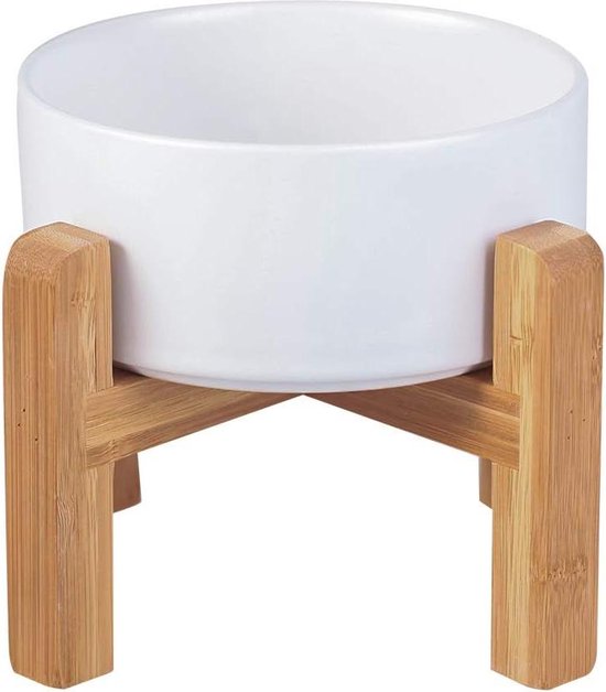 Voederbak voor honden, voederbak kat met houten standaard, kattenbak, hondenbak, keramische voerbak voor water en voer, 2 x 850 ml