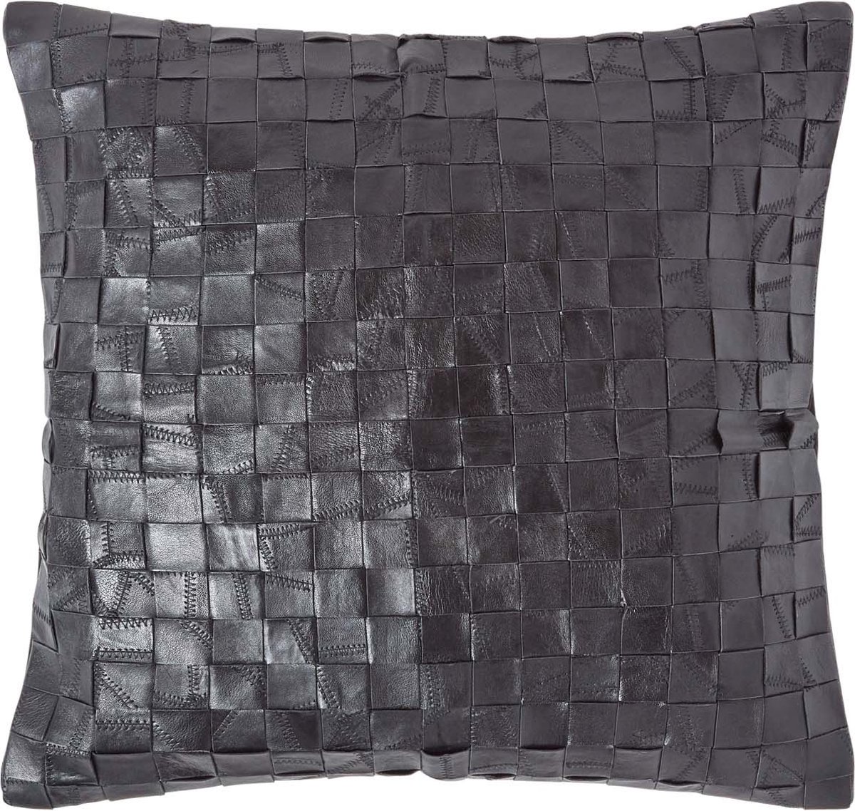 Homescapes Zwart leren mandgeweven kussen met verenvulling, 45 x 45 cm