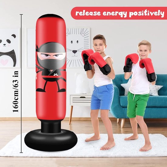 EIVONDA Saco de Boxeo Niños 160cm Inflable Ninja con Guantes de Boxeo para Practicar MMA, Karate, Taekwondo y Aliviar la Energía Reprimida (Negro
