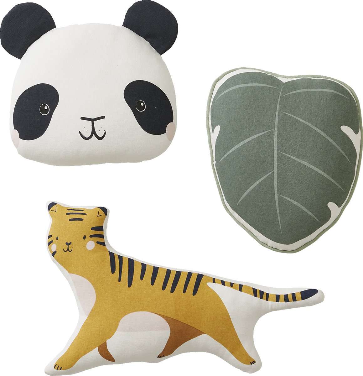 vertbaudet Set Hanoï - 3 kussens - panda - tijger - blad - katoen ecru