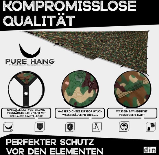 Tentzeil, tarp, 3 x 3, voor hangmat, outdoor, camping, 100% waterdicht, met oogjes, zonnezeil, strand, ultralicht, zonwering, uv-bescherming, regenbescherming — afbeelding 2