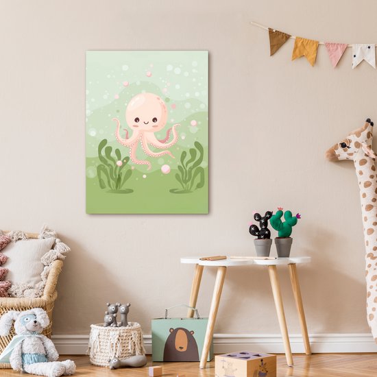 Peinture sur toile 50x70 cm - Décoration murale chambre enfant Poulpe - Animaux aquatiques - Vert - Sous-marin - Décoration murale chambre bébé - Décoration chambre garçon et fille - Accessoires Bébé - Peintures