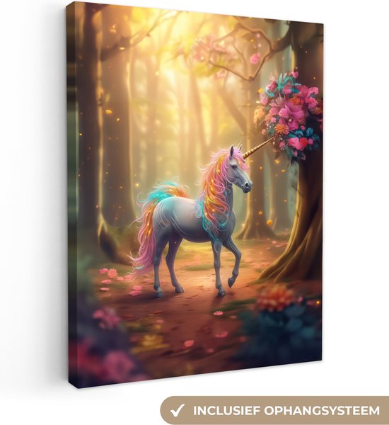 Canvas schilderij 90x120 cm - Wanddecoratie Eenhoorn - Bos - Kleurrijk - Bloemen - Meiden - Muurdecoratie tienerkamer - Kamer decoratie voor tieners - Tiener jeugdkamer accessoires - Slaapkamer schilderijen