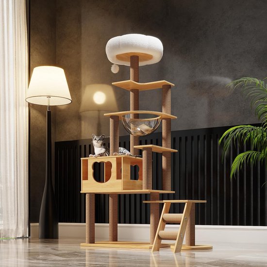 Mondeer Houten kattenboom voor grote katten, 185 cm kattentoren met krabpaal, 2 appartementen, 2 zitstokken en capsulenest, moderne stijl voor binnenkatten