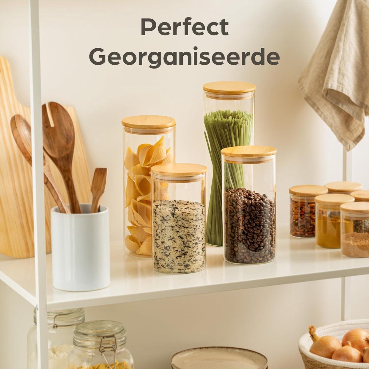 Set van 4 voorraaddozen van glas met bamboedeksel, voorraadpotten