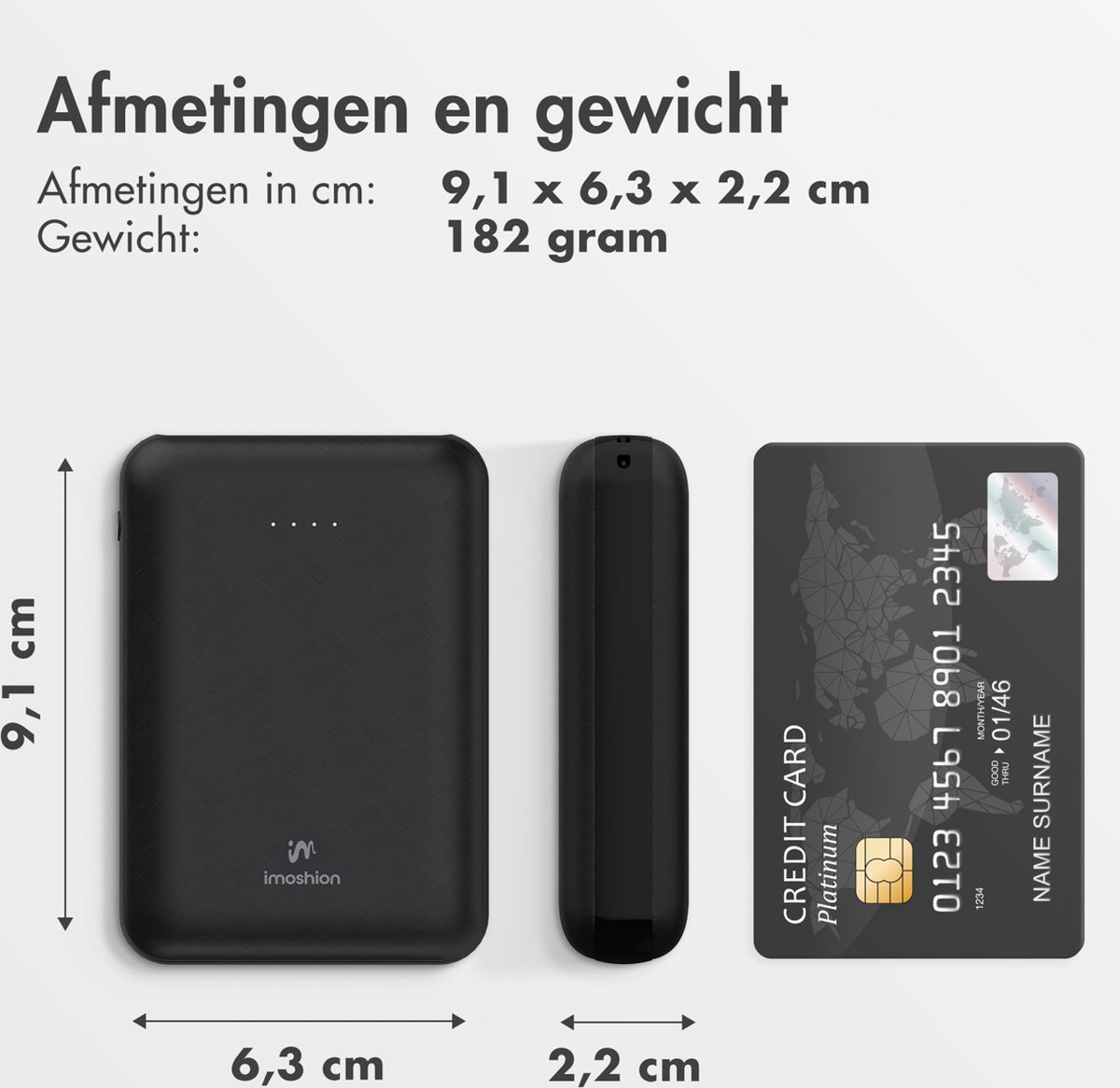 Afbeelding 2 van imoshion Compacte Powerbank 10000 mAh - Snellader 22.5W - LED indicator - USB C & USB A - Geschikt voor o.a. iPhone en Samsung - Universeel - Zwart