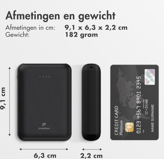 imoshion Compacte Powerbank 10000 mAh - Snellader 22.5W - LED indicator - USB C & USB A - Geschikt voor o.a. iPhone en Samsung - Universeel - Zwart