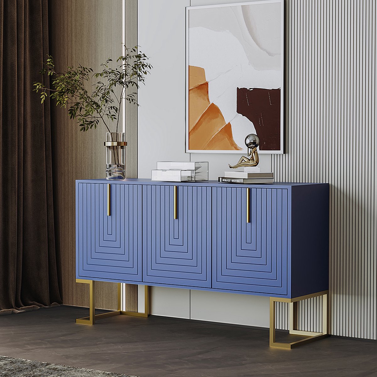 KOMHTOM Dressoir 3-deurs Buffetkast met verstelbare legplanken U-vormige kastdeuren marineblauw