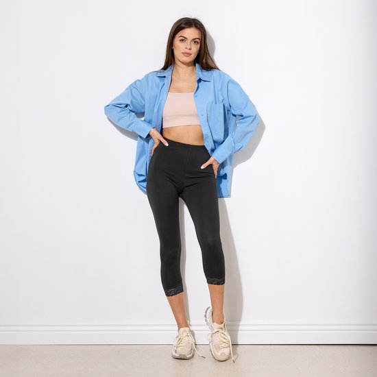 Merry Style MS-MS10-224-LE Dames Capri Leggings met Kant - Sport - Vrijetijdsbroek - 3/4 Lengte - Katoen - Zwart - XS