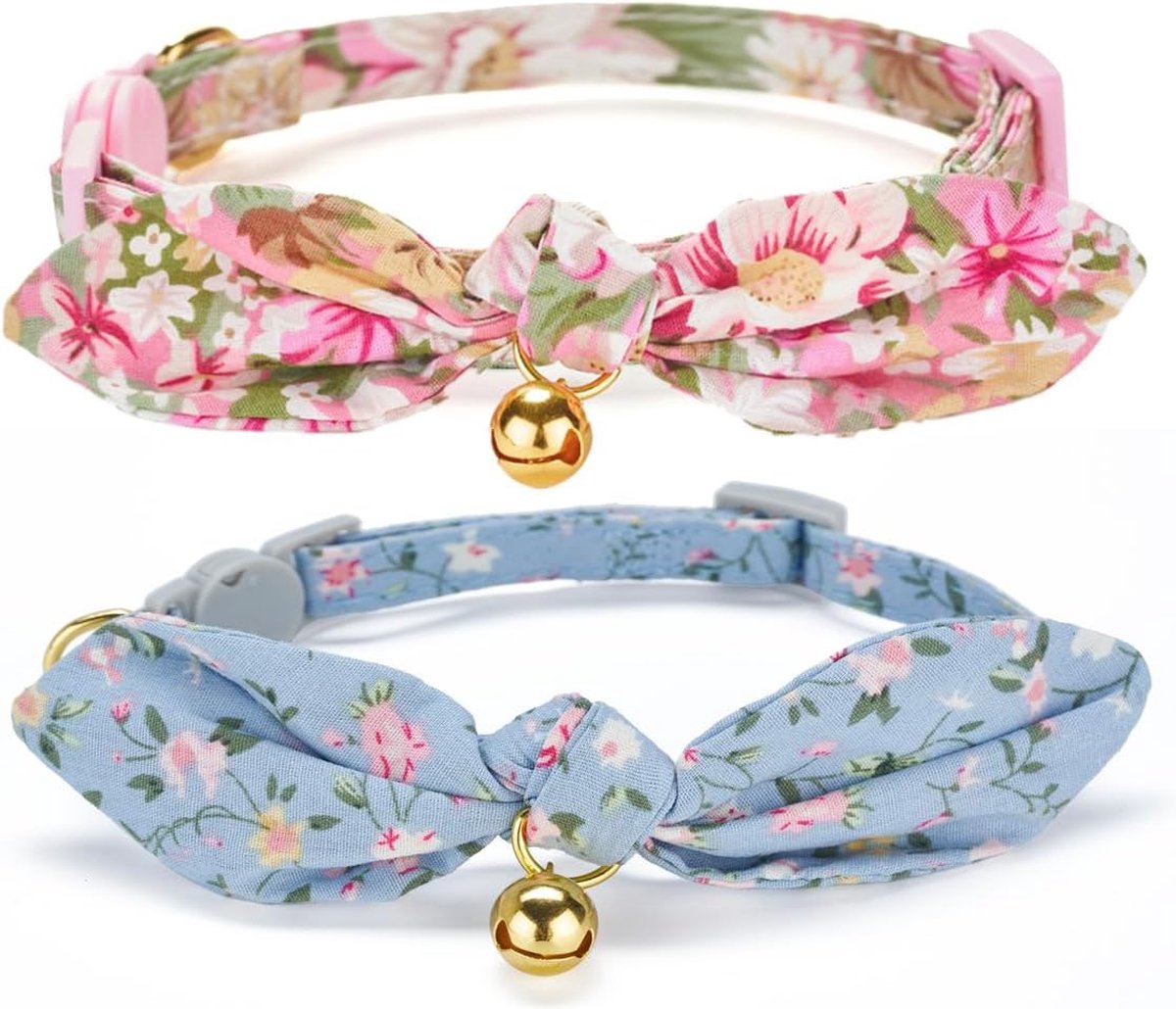 Zachte katoenen kattenhalsband met afneembare handgebonden strik, 2-pack kittenhalsbanden met snelsluiting en bel, bloemenprint