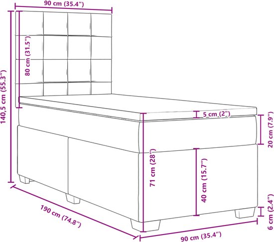 vidaXL - Sommier tapissier - avec - matelas - tissu - gris foncé - 90x190 - cm