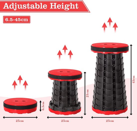 Draagbare telescopische kruk - inklapbaar van kunststof - opvouwbare zitting - voor vissen grillen kamperen - max. belasting 150 kg - rood/zwart Telescopic Stool — afbeelding 5