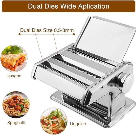 Pastamachine van roestvrij staal - handmatige pastamachine voor spaghetti tagliatelle fettuccine - 3-in-1 maker pasta roller — afbeelding 3