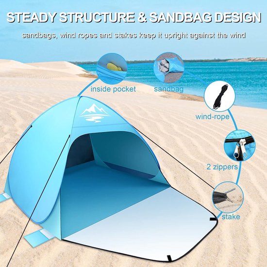 Automatic Portable Throwing Sun Protection Tent for 2-4 People - UV Protection 50+ - Camping and Beach Tent with Carry Bag for Families Beach Tent van Venkaite — afbeelding 2