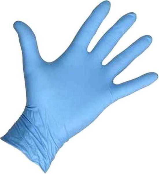 Een enkele blauwe nitril handschoen, maat XL, zonder poeder of latex.