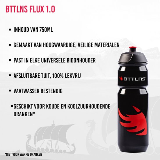 Zwarte BTTLNS Flux 1.0 bidon met rode opdruk en rode dop. 750ml, lekvrij, vaatwasmachinebestendig.