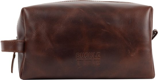 BUCKLE & SEAM Cuir Trousse de toilette Everest Blu Washbag Brown Marron foncé