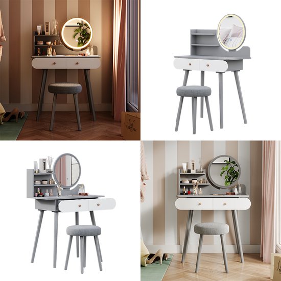 Vicco coiffeuse, blanc, 100cm avec miroir led et tabouret