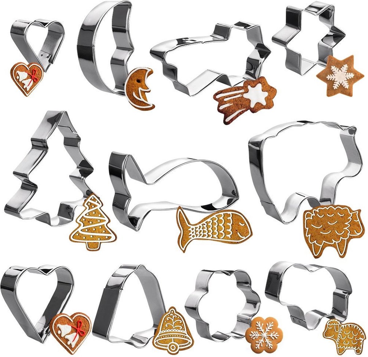 Koekjessnijders Aluminium Kerst 10 delig - Vormen - Uitsteekvorm - Cookie - Cutter - Uitsteekvormpjes - Koekjes - Bakken - Koekjessnijder