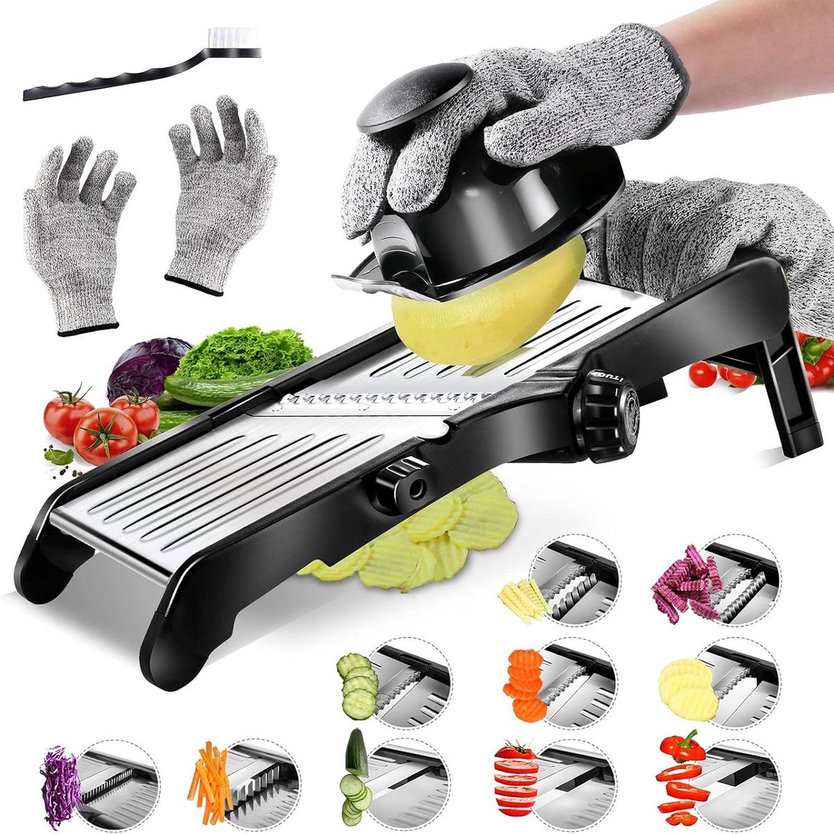 Mandoline Plantaardige Snijmachine Verstelbaar Food Slicer Professionele Julienne Snijmachine voor Aardappel Komkommer Ui Veiligheidshandschoenen Reinigingsborstel