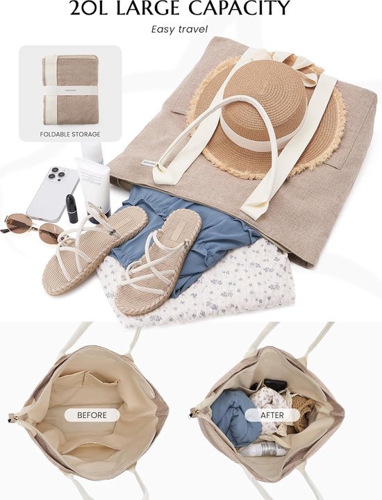 KALIDI Extra grote strandtas voor dames, met ritssluiting, waterdicht, strandtassen met zakken, grote sporttas voor dames, meisjes, zomer, draagtas, schoudertas