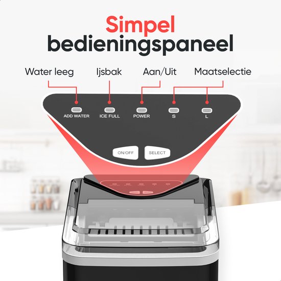 Kitchenwell IJsblokjesmachine - 2L - IJsblokjesmaker met IJsschep - 12kg/24 uur - Zelfreinigingsfunctie - Zwart van Kitchenwell — afbeelding 4