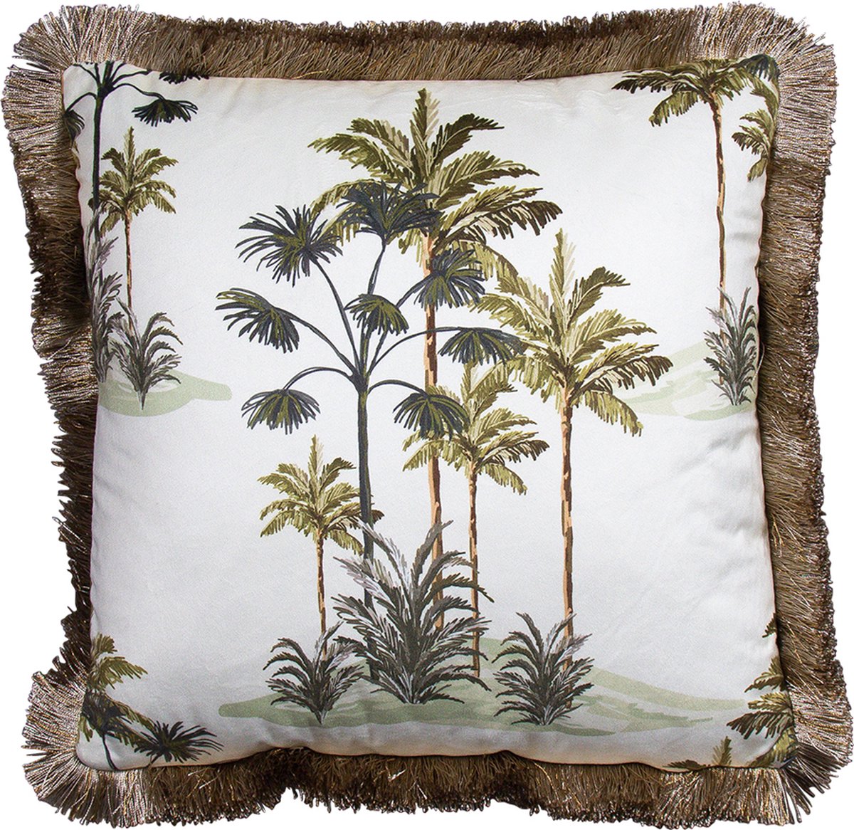 Mars & More kussen fluweel gouden franjes palmboom wit 45x45cm Multi
