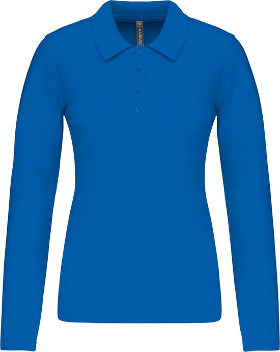 Polo bleu pour femme à manches longues et boutons, vue de face.