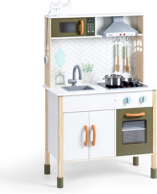 Kinderkeuken hout met licht en geluid- Keukenspeelgoed set met accessoires- Afzuigkap magnetron- Voor kinderen en peuters vanaf 3 jaar - Speelgoed keuken
