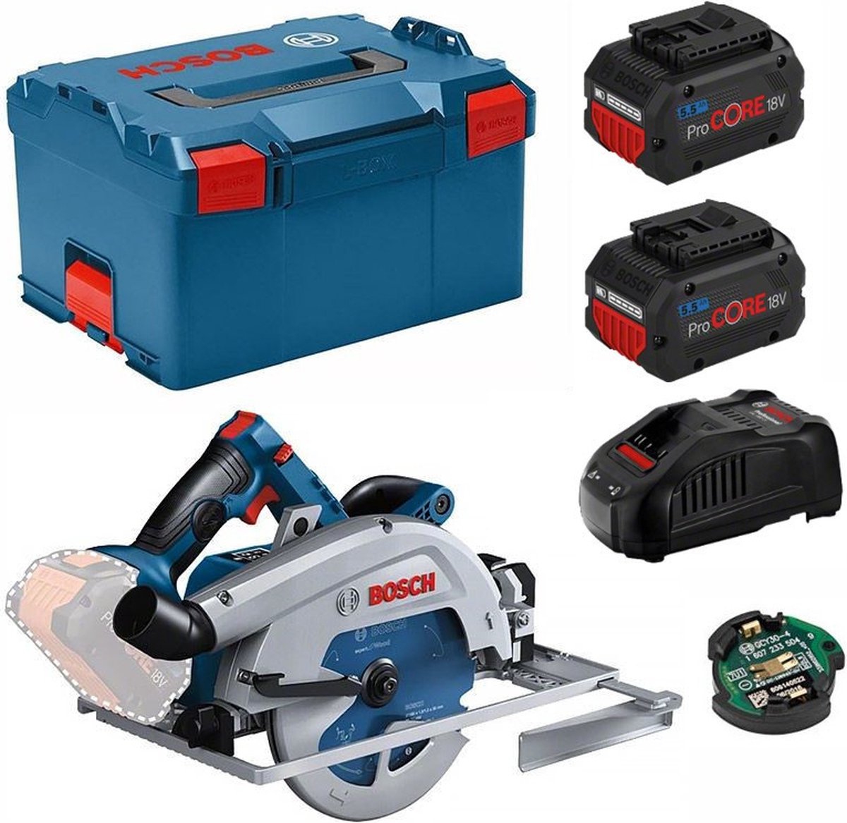 Bosch Professional GKS 18V-68 GC Cirkelzaag - BITURBO - Met 2x 18V accu's (5.5 Ah) en lader - Incl. zaagblad - In L-boxx