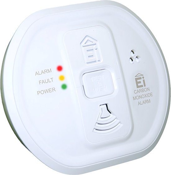 Witte Ei208WRF koolmonoxidemelder met rode, gele en groene indicatielampjes voor Alarm, Fout en Stroom.