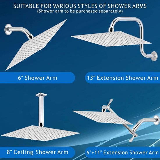 Kezidhp Douchekop Regendouche Vierkant 30x30 cm (12 inch), Vierkante Regendouchekop van Roestvrij Staal,shower head