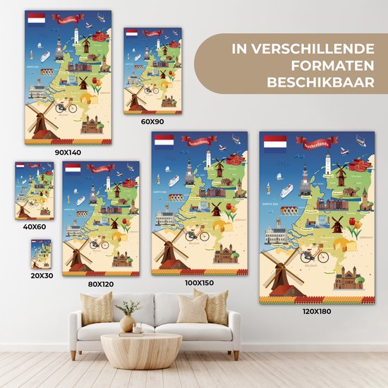 Carte des Nederland avec des vues 90x140 cm - Tirage photo sur toile (Décoration murale salon / chambre)