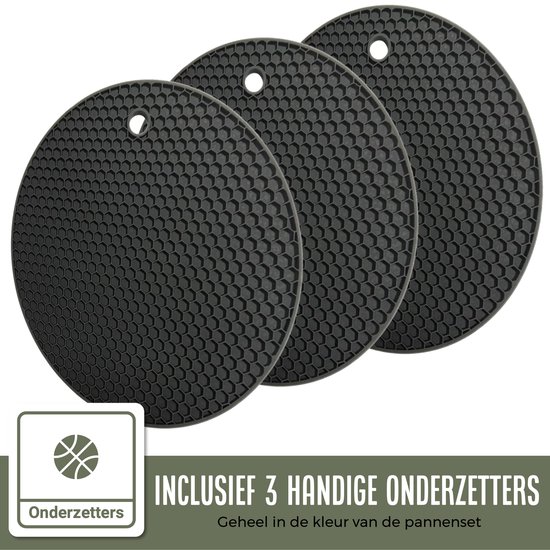 Trois dessous de plat ronds et noirs avec un motif en nid d'abeille.