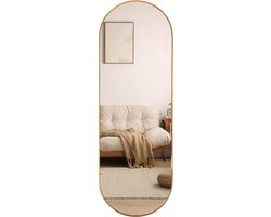 foto van SensaHome Oval Passpiegel - Minimalistische Design Wandspiegel - Staande Spiegel met Metalen Rand - Modern - Kleedkamer Spiegel - 50x160CM - Goud