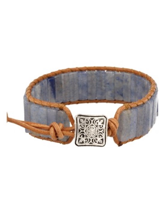 Blauwe kwarts leren armband gipsy-style