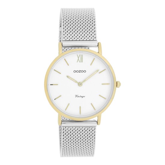 OOZOO Timepieces - Goudkleurige horloge met zilverkleurige metalen mesh armband - C20121