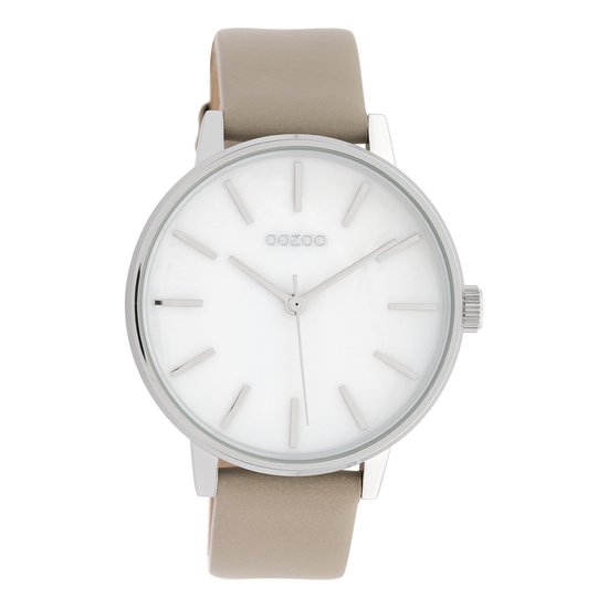 OOZOO Timepieces - Zilverkleurige horloge met licht taupe leren band - C10118